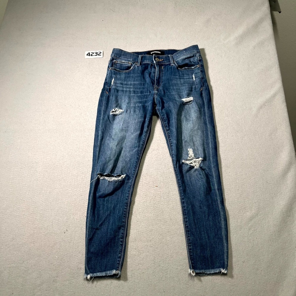 Express Jeans Womens 6 Blue Denim Stretch Distressed Mid Rise Cropped Legging